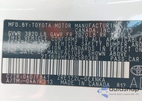 2016 Toyota Corolla Le z USA, uszkodzony, nr VIN 2T1BURHEXGC580388